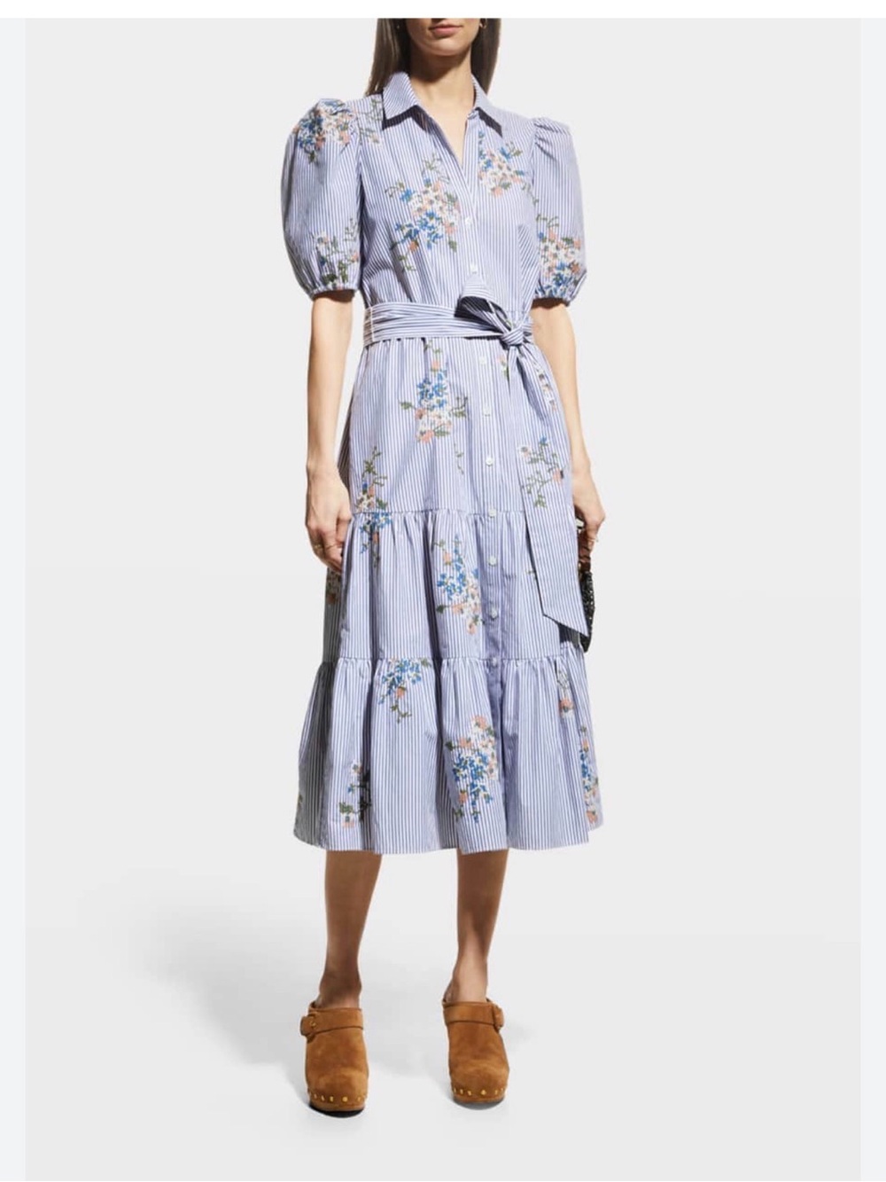 Veronica Beard Blue Striped Floral Midi Shirt Dress